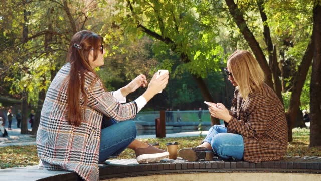 Chicas-elegantes-sentadas-cara-a-cara-y-usando-teléfonos-inteligentes-en-el-parque-de-otoño