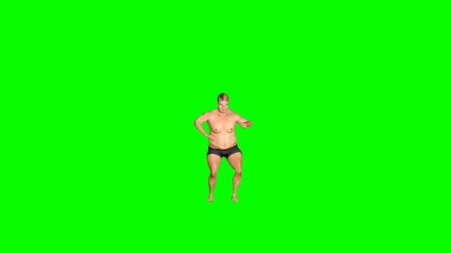 Hombre-gordo-haciendo-un-baile-de-pollo-tonto,-bucle-sin-costuras,-pantalla-verde