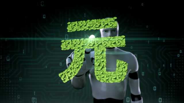 Roboter-Cyborg-berühren-grünes-Blatt-Yuan-Zeichen-aus-Blättern-gemacht.