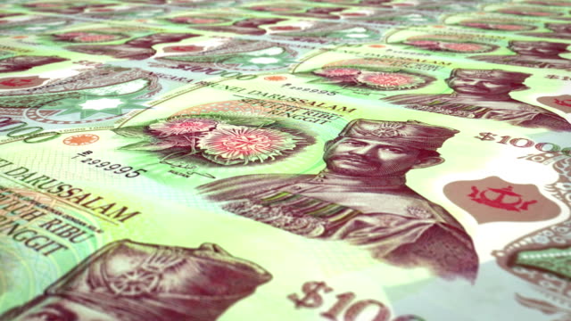 Banknoten-von-tausend-Ringgits-oder-bruneian-Dollar-der-Bank-des-Sultanats-Brunei-Darussalam-rollen-auf-dem-Bildschirm,-Münzen-der-Welt,-Bargeld,-Schleife