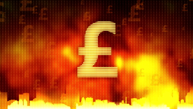 Pfund-Zeichen-vergrößern-auf-rotem-Hintergrund,-Finanzkrise,-Überschuldung,-Monopol