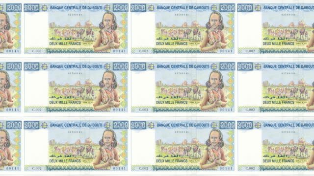 Banknoten-von-zweitausend-Franken-von-Dschibuti-Rollen,-Bargeld,-Schleife