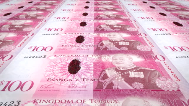 Banknoten-der-hundert-Tonga-Pa'anga-von-Tonga,-Bargeld,-Schleife