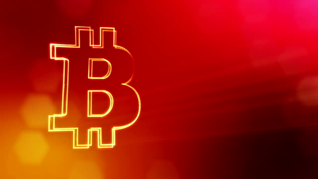 Bitcoin-Symbol.-Finanzieller-Hintergrund-aus-Glühen-Teilchen-als-Vitrtual-Hologramm.-Glänzende-nahtlose-3D-Animation-mit-Tiefe-des-Feldes,-Bokeh-und-Kopie-Raum...-Roten-Hintergrund-v1