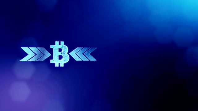 Bitcoin-Symbol-und-Pfeile.-Finanzieller-Hintergrund-aus-Glühen-Teilchen-als-Vitrtual-Hologramm.-Glänzende-Schleife-3D-Animation-mit-Tiefe-Feld,-Bokeh-und-Kopie.-Blaue-Farbe-v2