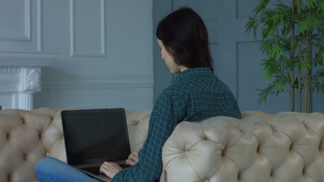 Charmante-Frau-networking-auf-Laptop-zu-Hause
