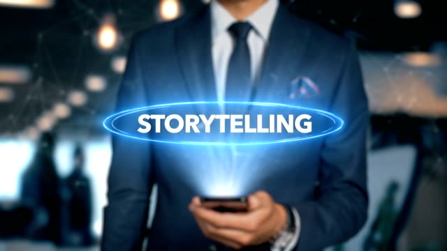 Businessman-With-Mobile-Phone-Opens-Hologram-HUD-Interface-and-Touches-Word---STORYTELLING