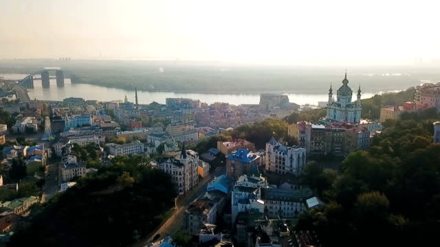Lovely-Kiev-Ukraine.-Andrew's-Descent-old-street.-Panaramic-aerial-drone-sunrise-view.-Historical-center