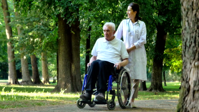 Médico,-enfermera,-cuidado-personas-mayores,-niña-(mujer)-y-abuelo-sentado-en-una-silla-de-ruedas,-caminar-en-el-parque.