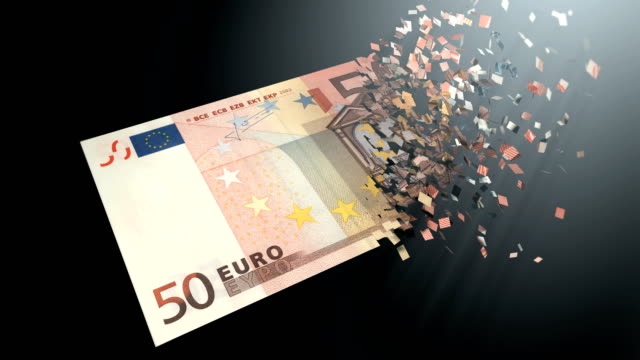 Animación-de-Render-3D-y-de-4-K.-La-desmaterialización-del-dinero,-Euros-son-desmaterializados-en-un-fondo-negro.