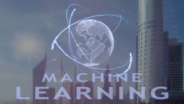 Machine-Learning-Text-mit-3d-Hologramm-des-Planeten-Erde-vor-dem-Hintergrund-der-modernen-Metropole