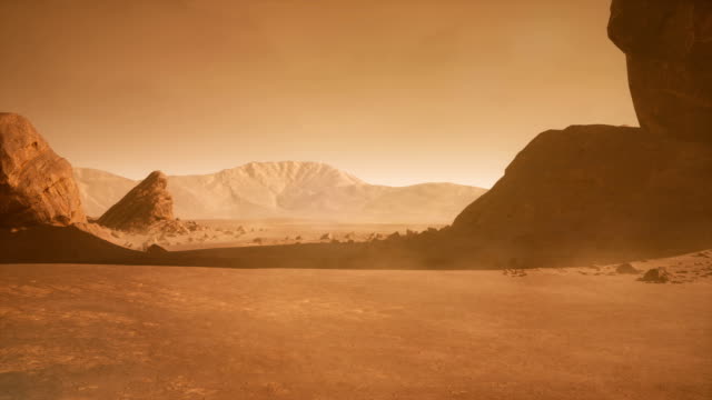 Panoramalandschaft-auf-der-Oberfläche-des-Mars.-Realistische-filmische-Animation.