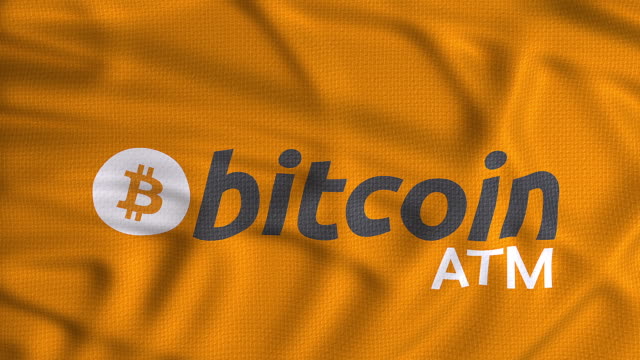 Bitcoin-atm-bandera-de-ondulación-naranja,-logo-máquina-de-efectivo-animado