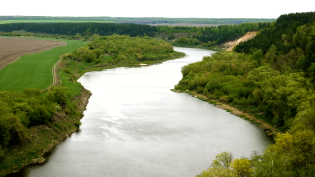 Malerische-Landschaft.-Fluss-fließt-durch-den-Wald-und-Felder.-4K