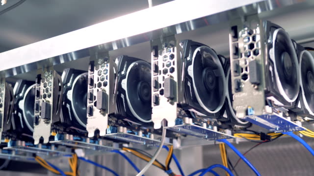 Video-cards,-GPU-connected-to-the-farm-computer-for-bitcoin-mining.
