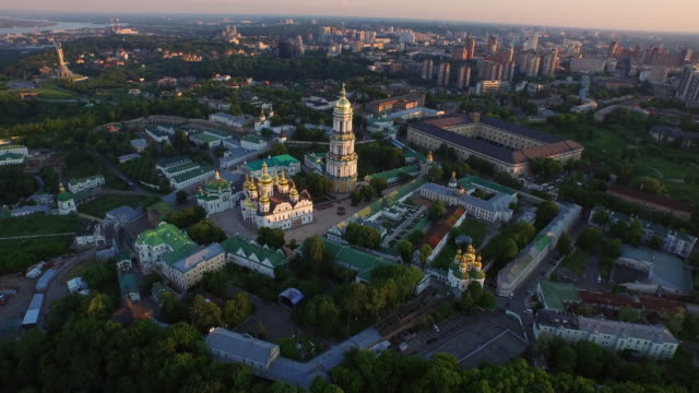 Aerial-view-Kiev-Pechersky-Monastery.-Mother-Motherland-Kyiv-city,-Ukraine