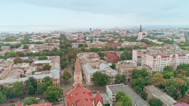 Aerial-view-of-Odessa-Lutheran-St.-Paul's-Cathedral,-church-of-the-German-Evangelical-Lutheran-Church-of-Ukraine