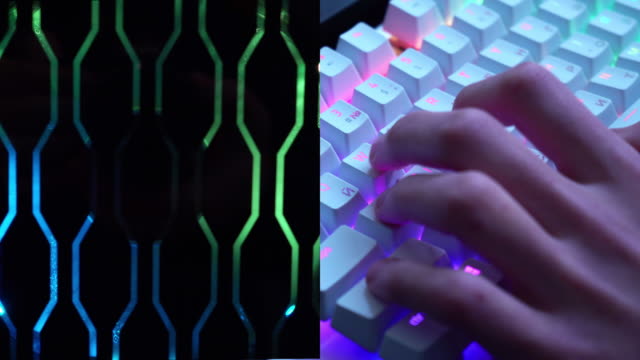 Gamer-playing-a-computer-game.-Split-screen.-Programmer