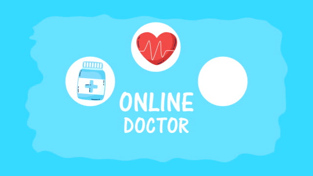 Online-Arzt-Schriftzug-mit-Set-Symbolen