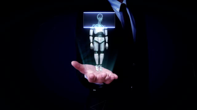 Businessman-open-palm,-Scanning-rotating-3D-robot-body,-human-bone.