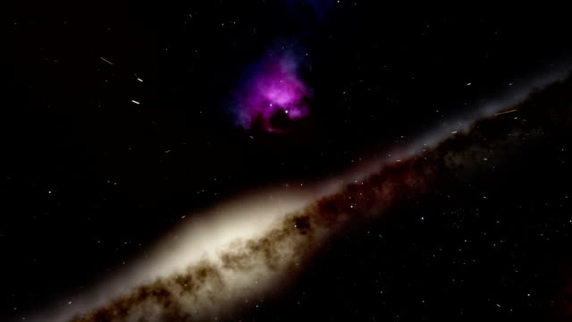 Animación-de-repasar-el-espacio-con-un-campo-de-estrellas,-una-galaxia-y-una-nebulosa-de-aspecto-de-monstruo