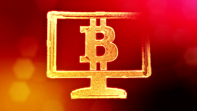 Bitcoin-Logo-im-Innern-des-Monitors.-Finanzieller-Hintergrund-aus-Glühen-Teilchen-als-Vitrtual-Hologramm.-Glänzende-Schleife-3D-Animation-mit-Tiefe-Feld,-Bokeh-und-Kopie.