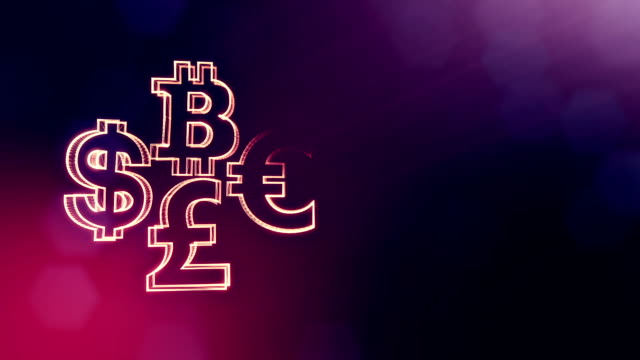 Symbol-Bitcoin-Dollar-Euro-Pfund...-Finanzieller-Hintergrund-aus-Glühen-Teilchen-als-Vitrtual-Hologramm.-Nahtlose-3D-Animation-mit-Tiefe-des-Feldes,-Bokeh-und-Kopie-Raum.-Violette-Farbe-V2