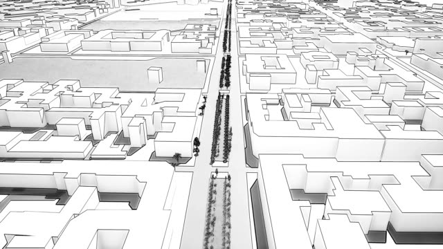 Flug-über-die-3D-Zeichnung-der-Stadt