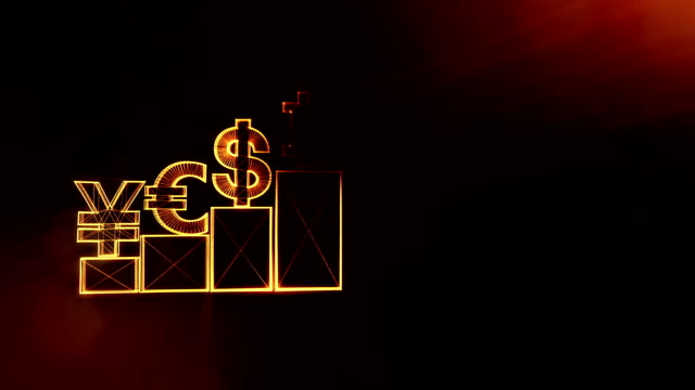 Zeichen-der-Pfund-Dollar-Yen-Bitcoin-auf-Spalten.-Finanzieller-Hintergrund-aus-glühen-Teilchen-als-Vitrtual-Hologramm.-Glänzende-Schleife-3D-Animation-mit-Tiefe-Feld,-Bokeh-und-Kopie.-Dunkle-V4