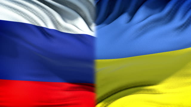 Russia-and-Ukraine-flags-background,-diplomatic-and-economic-relations,-business