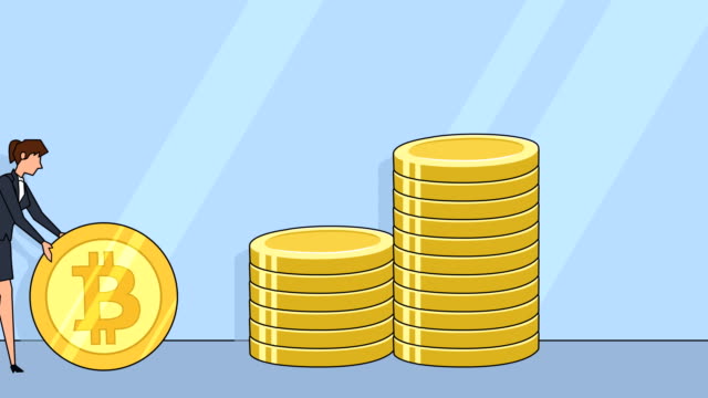 Flache-Zeichentrickfigur-Frau-Rolle-Bitcoin-Münzmünze-Geldkonzept-Animation