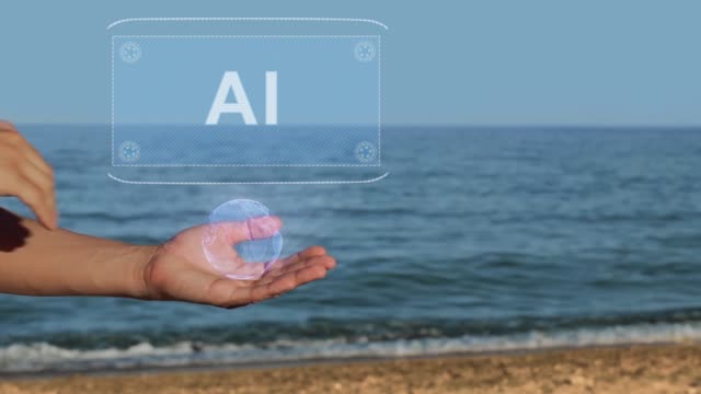 Männliche-Hände-am-Strand-halten-ein-konzeptionelles-Hologramm-mit-dem-Text-AI