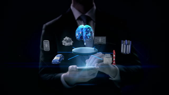Businessman-touch-smart-phone,-mobile,-Smart-house,-Factory,-Building,-Car,-Mobile,-internet-sensor-connect-'Digital-Brain',-4k-movie.