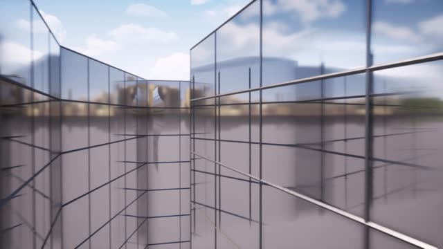 Glas-Labyrinth-große-Wolkenkratzer-Gebäude-4k