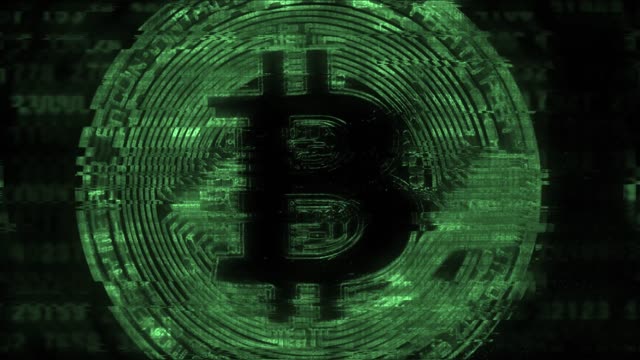 Bitcoin-BTC-Animation-digitale-Währung-Symbol-mit-digitalen-glithes