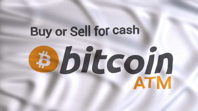 Bitcoin-atm-weiße-Flagge-winken,-kaufen-oder-verkaufen-für-Bargeld-Text,-Automaten-für-Bitcoin