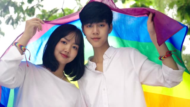 Happy-Lesbian-couple-with-rainbow-flag,-Slow-motion