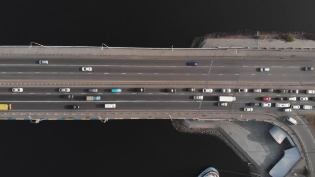 Bridge-highway-traffic-jam-fork-aerial-top-view
