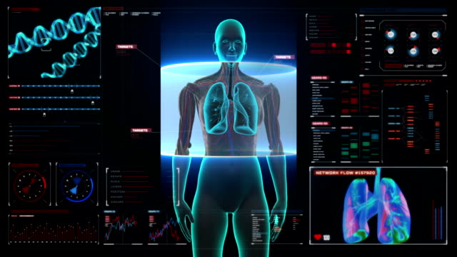 Exploración-corporal.-Pulmones-hembra-giratorios,-pulmonar-diagnóstico-en-pantalla-digital.