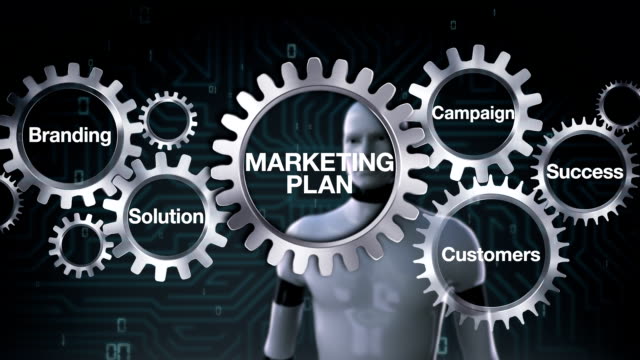 Gear-with-Branding,-Solution,-Campaign,-Success,-Robot-touching-'MARKETING-PLAN'