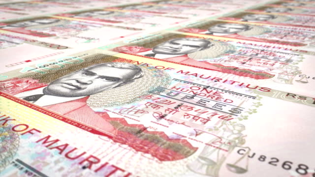 Billetes-de-cien-rupias-del-Banco-de-las-Islas-Mauricio-en-pantalla,-monedas-del-mundo,-dinero-en-efectivo,-lazo
