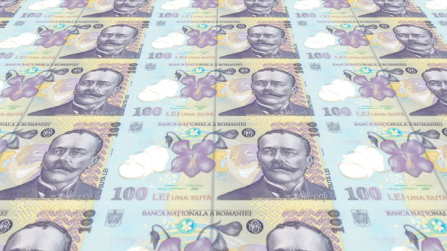 Banknotes-of-one-hundred-Romanian-lei-of-Romania-rolling,-cash-money