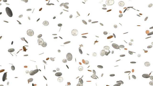 Falling-dollar-and-cent-Coins-on-white-background.-Rotating-pound-coins-raining