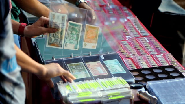 Numismatiker-drehen-Ordner-mit-verschiedenen-Banknoten,-alten-Münzsammlung