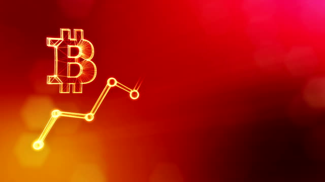 Zeichen-der-Bitcoin-und-Zuchtschema.-Finanzieller-Hintergrund-aus-Glühen-Teilchen-als-Vitrtual-Hologramm.-Glänzende-Schleife-3D-Animation-mit-Tiefe-Feld,-Bokeh-und-Kopie...-Roten-Hintergrund-v1
