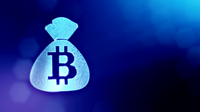 Bitcoin-Logo-auf-der-Tasche.-Finanzkonzept.-Finanzieller-Hintergrund-aus-Glühen-Teilchen-als-Vitrtual-Hologramm.-Glänzende-Schleife-3D-Animation-mit-Tiefe-Feld,-Bokeh-und-Kopie.-Blaue-Farbe-v2
