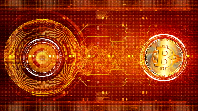 Digital-Matrix-Teilchen-abstrakte-Bitcoin-digitale-Währung-Technologie-Bewegung-Hintergrund