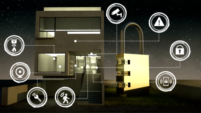 IoT-Sicherheit-Grafik-Informationssymbol-auf-smart-home,-Smart-Haushaltsgeräte,-Internet-der-Dinge.-Nacht.-4K.
