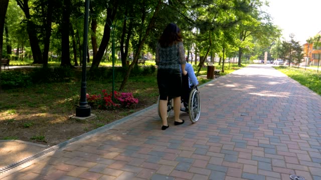 Joven-en-silla-de-ruedas-que-habla-con-su-esposa-en-el-Parque