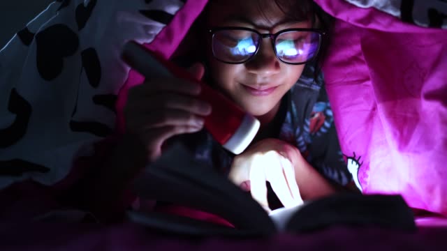Girl-holding-flashlight-while-reading-books-blanket-at-home